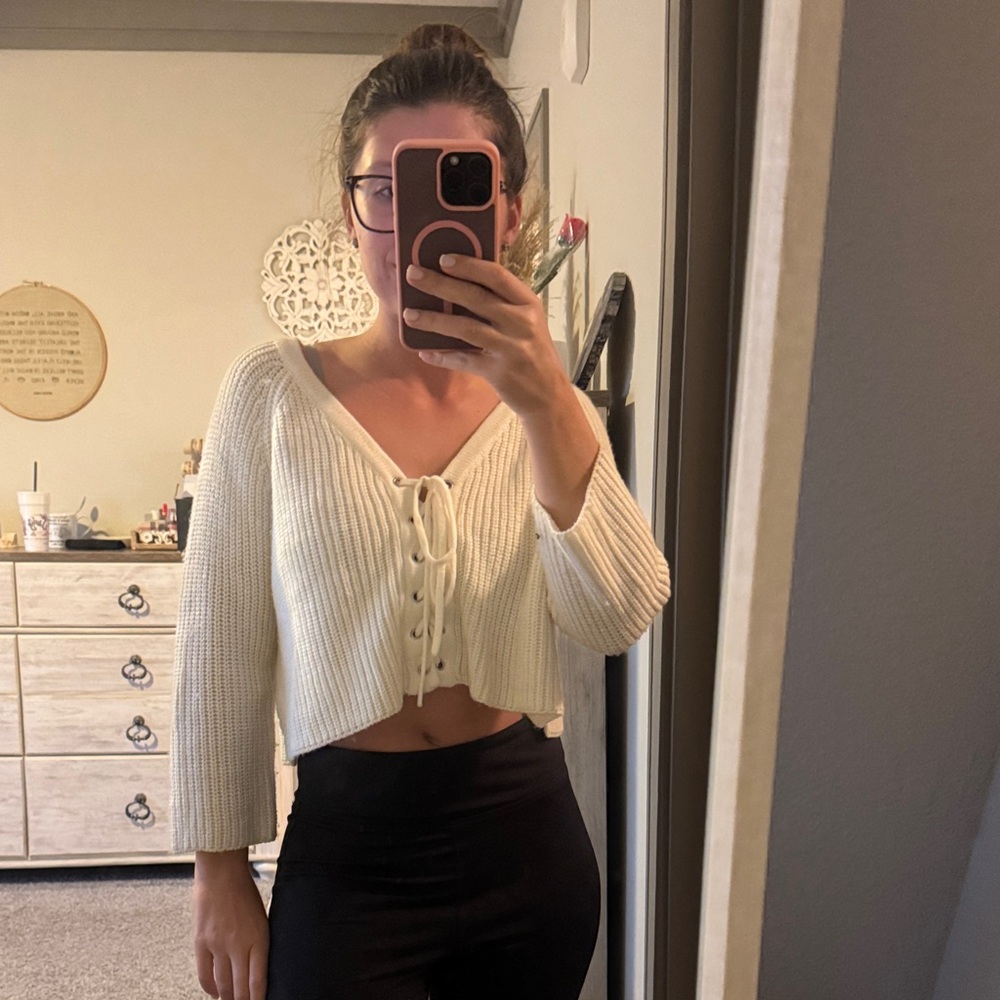 Women's White Sweater Lace-Up Crop Top